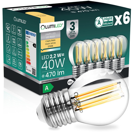 6x LED žárovka E27 kapka P45 2,2W 470lm = 40W 2700K teplá bílá 360° Filament energetická třída A LUMILED