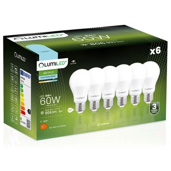 6x Žárovka LED E27, A60 8W = 60W 806lm 6500K Studená bílá 260° LUMILED