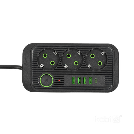 KOBI LINEA PRO Prodlužovací kabel 3x230V 5m Uzemnění, spínač a 5xUSB černý