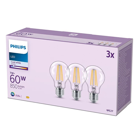 3x LED žárovka E27 A60 7W = 60W 850lm 4000K neutrální bílá vlákno PHILIPS