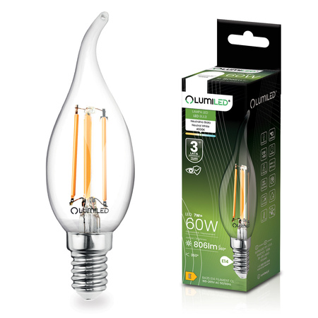 Žárovka LED svíčka BA35, E14 7W 770lm 4000K neutrální bílá 360° Filament LUMILED
