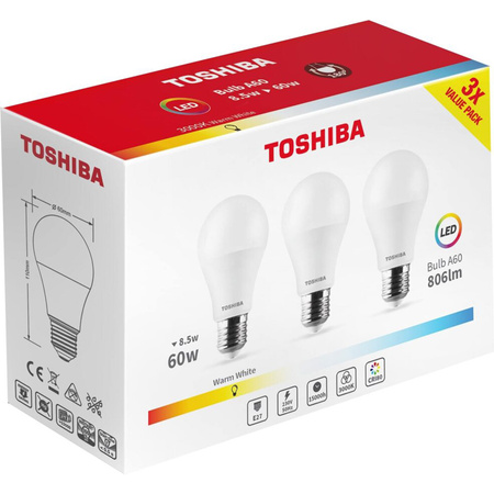 3x LED žárovka E27 A60 8.5W = 60W 806lm 3000K Teplá bílá TOSHIBA
