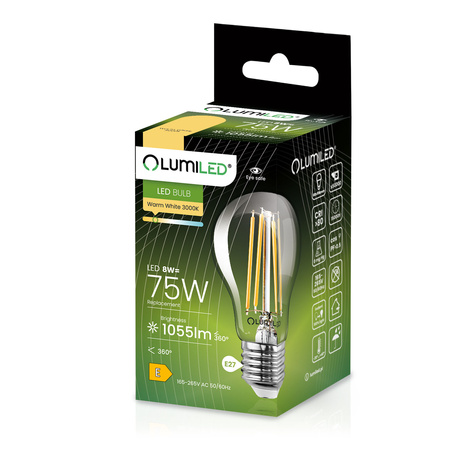 Žárovka LED E27, A60 8W = 75W 1055lm 3000K Teplá bílá 360° Filament LUMILED