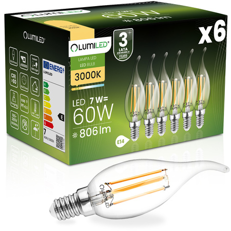 6x LED žárovka E14 Candle BA35 7W = 60W 806lm 3000K Warm 360° FILAMENT LUMILED