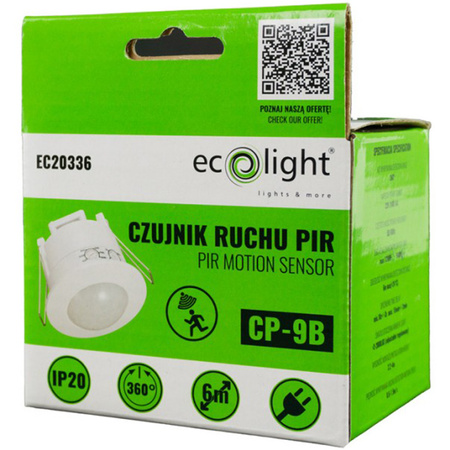 PIR pohybový a soumrakový senzor. zapuštěný 360°. 6m. vnitřní bílý