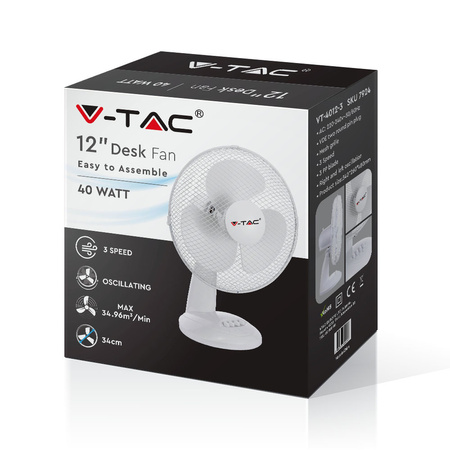 Stolní ventilátor 40W 3 ramena 30 cm Bílá VT-4012-3 V-TAC