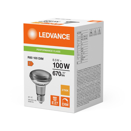 LED žárovka R80 E27 8,5W = 100W 670lm 2700K Teplá bílá FILAMENTNÍ STMÍVATELNÁ LEDVANCE
