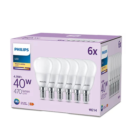 Sada 6x LED kulové žárovky E14 P45 4,9W = 40W 470lm 2700K Teplá PHILIPS