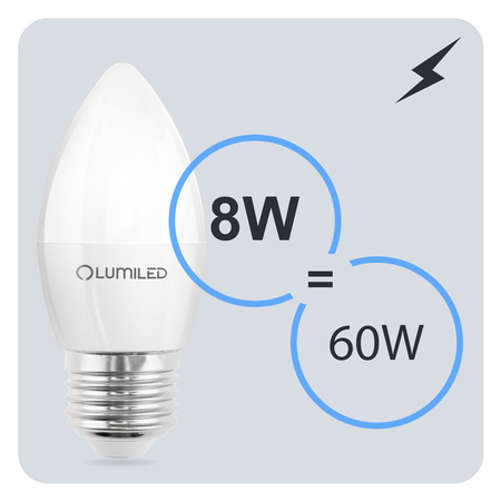 6x Žárovka LED E27, B35 8W = 60W 806lm 6500K Studená bílá 180° LUMILED