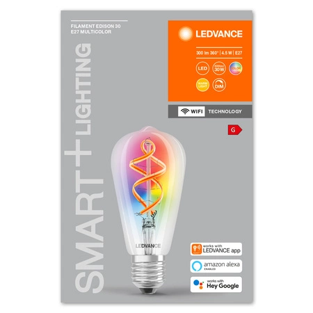 E27 ST64 LED žárovka 4.5W = 30W 2700K Teplá bílá RGB 300lm 300° LEDVANCE SMART+ WIFI vlákno Stmívatelné