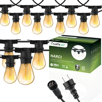 Venkovní řetěz 20m, 20x E27 Žárovky 1.3W 2200K NARCI LUMILED