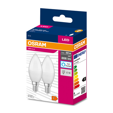 2x LED žárovka E14 B35 7W = 60W 806lm 6500K Studená bílá 220° OSRAM HODNOTA