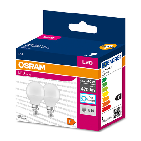 2x LED žárovka E14 P45 4.9W = 40W 470lm 6500K Studená bílá 200° OSRAM HODNOTA