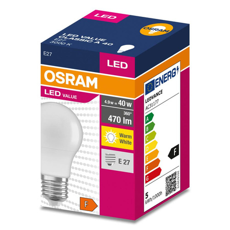 LED žárovka E27 A60 4,9W = 40W 470lm 3000K Warm 200° OSRAM