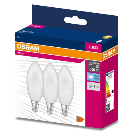 3x LED žárovka B39 Candle E14 7,5W = 60W 806lm 4000K Neutral 200° VALUE CLASSIC Osram