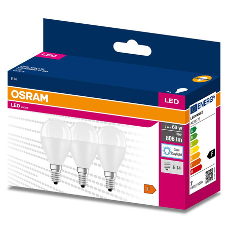 3x LED žárovka E14 P45 7W = 60W 806lm 6500K Studená bílá 200° OSRAM Hodnota