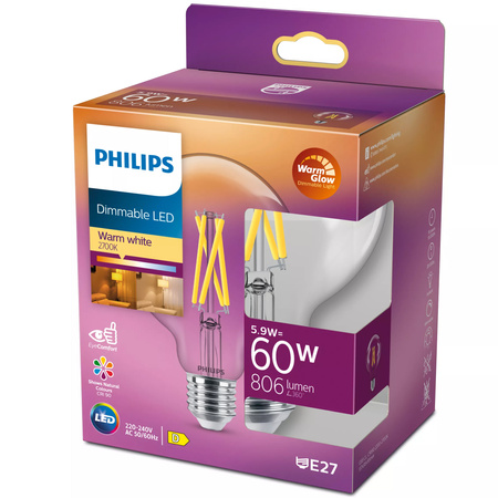 Globe E27 G93 LED žárovka 5.9W = 60W 806lm 2700 Teplá bílá Filament PHILIPS Stmívatelné