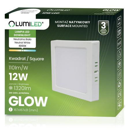 Stropní svítidlo LED pro povrchovou montáž 12W Square 4000K GLOW White LUMILED
