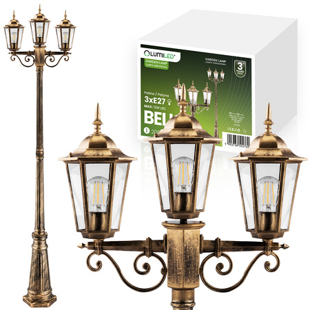 Venkovní zahradní lampa 3x E27, LED sloupek lucerna 2m Patina BELLIS LUMILED