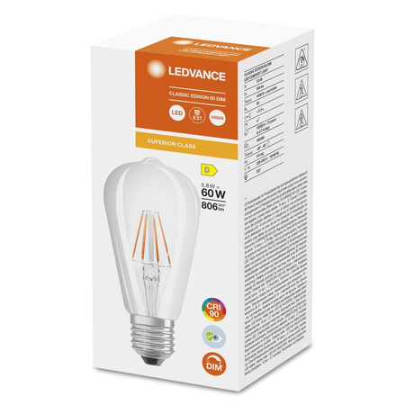Edison LED žárovka E27 ST64 5.8W = 60W 806lm 4000K Neutrální bila 300° CRI90 vlákno Stmívatelné LEDVANCE Superior