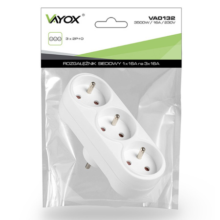 Rozdělovač elektrické sítě 3x 2P+0 Zloděj 3 zásuvky s uzemněním VAYOX