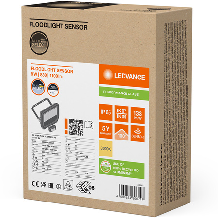 LED reflektor 8W 1100lm 3000K IP65 černý se senzorem pohybu LEDVANCE Floodlight