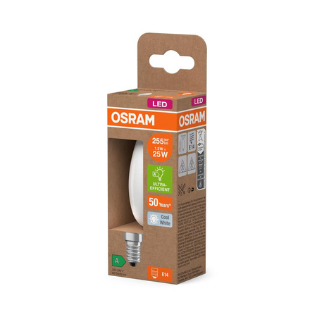 LED žárovka B35 Candle E14 1,2W = 25W 255lm 4000K Neutrální 330° 213lm/W CLASSIC ENERGETICKÁ ÚSPORNOST Osram