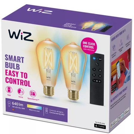 2x LED žárovka E27 Edison ST64 7W = 50W 640lm 2000-5000K TW FILAMENT Amber Smart SMART WiFi Bluetooth aplikace WiZ + dálkové ovládání Controller