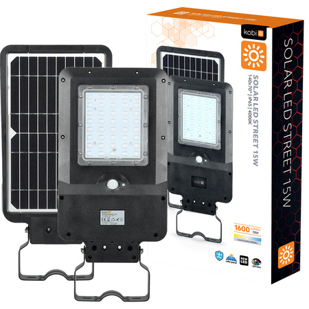 Solární LED průmyslové pouliční lampy 15W 1600lm 4000K neutrální s pohybovým a soumrakovým senzorem IP65 černá ulice Kobi