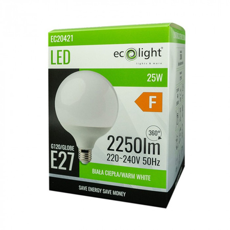 LED žárovka Sphere G120 E27 25W 2250lm 3000K teplá bílá Ecolight