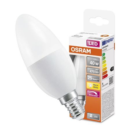 LED žárovka B35 Candle E14 4,9W = 40W 470lm 2700K Warm 240° Dimmable SUPERSTAR Osram