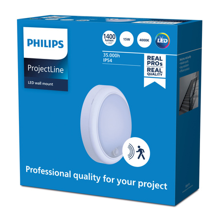 Venkovní potrubní světlo LED 15W 1400lm 4000K IP54 se senzorem pohybu a soumraku bílé Projetline Philips