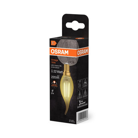 Dekorativní LED žárovka B40 Candle E14 2,5W = 22W 220lm 2400K Warm 300° Vintage 1906 Osram