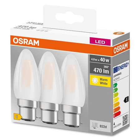 3x LED žárovka B35 Candle B22d 4W = 40W 470lm 2700K Warm 300° BASE Osram