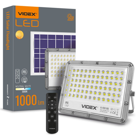 LED solární reflektor s dálkovým ovládáním 50W 1000lm 5000K Neutrální 90° 3,2V IP65 IK07 Povrchová montáž Šedá VIDEX