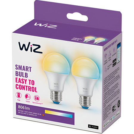 2x LED žárovka E27 A60 8W = 60W 806lm 2700-6500K TW Smart SMART WiFi Bluetooth App WiZ
