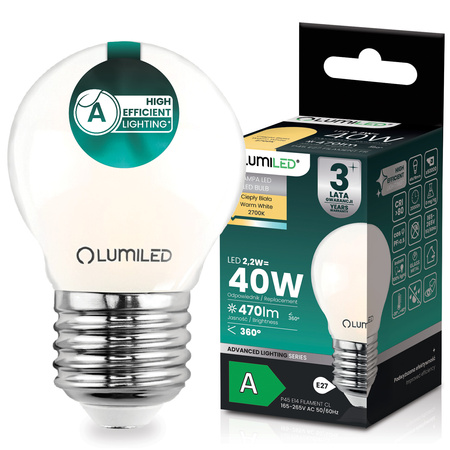 LED žárovka E27 kapka P45 2,2W 470lm = 40W 2700K teplá bílá 360° Filament energetická třída A LUMILED