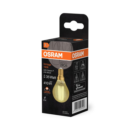 LED žárovka E14 P40 4W = 35W 410lm 2400K Teplá bílá 300° Filament OSRAM Vintage 1906
