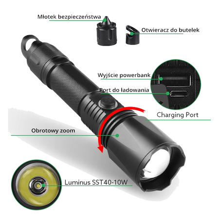 Taktická svítilna dobíjecí T6 LED 900LM otočná ZOOM 5 REŽIMŮ IPX3 LB0109 LIBOX