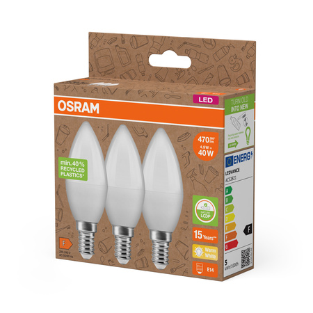 3x LED žárovka B37 svíčka E14 4,9W = 40W 470lm 2700K teplá bílá 220° PCR LAMPS Osram