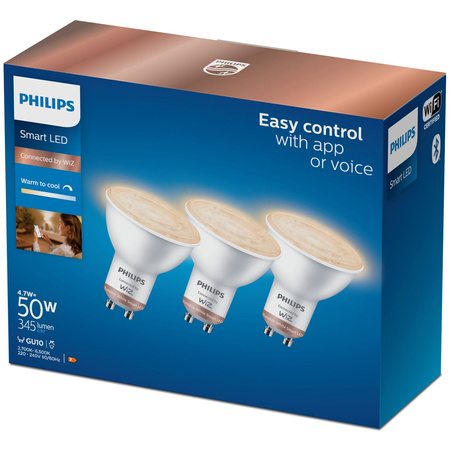 3x LED GU10 Reflector PAR16 4,7W = 50W 345lm 2700-6500K TW Smart SMART WiFi Bluetooth App WiZ Philips