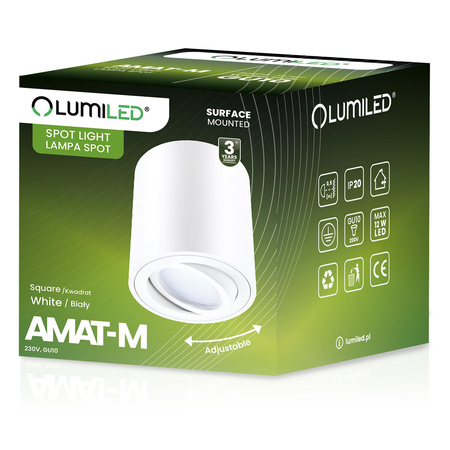 Povrchové Halogenové svítidlo, TUBA SPOT Kulatá 84mm Bílá AMAT-M + LED GU10 6W Teplá bílá LUMILED