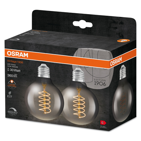 2x LED dekorativní žárovka G80 Sphere E27 7,8W = 30W 360lm 1800K Warm 320° Smoke Filament Dimmable Vintage 1906 Osram