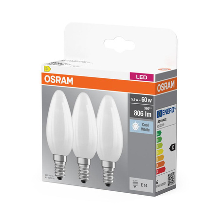 3x LED žárovka E14 B35 5.5W = 60W 806lm 4000K Neutrální bila 300° vlákno OSRAM BASE