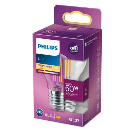 LED kulová žárovka E27 P45 6.5W = 60W 806lm 2700K Teplá bílá vlákno PHILIPS