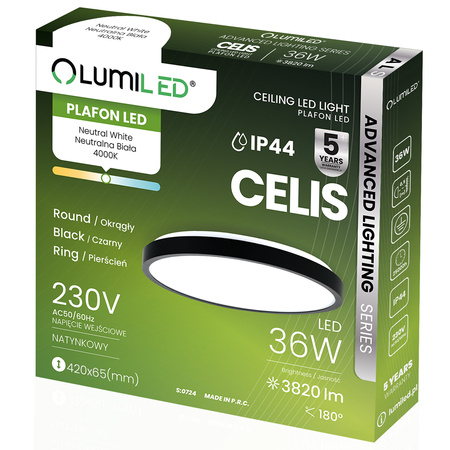 Stropní LED plafón s povrchovou montáží 36W 4000K CELIS Round IP44 Black Ring ALS LUMILED