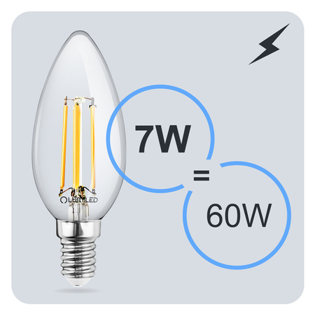 Žárovka LED E14, B35 7W = 60W 806lm 3000K Teplá bílá 360° Filament LUMILED