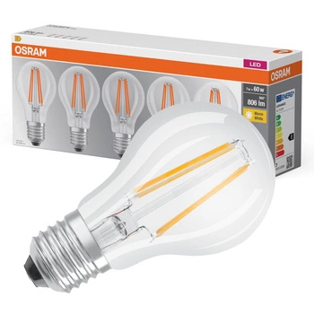 5x LED žárovka E27 A60 7W = 60W 806lm 2700K Teplá bílá 300° vlákno OSRAM