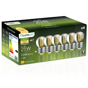 6x LED žárovka E27 Ball P45 2W = 25W 249lm 3000K Warm 360° FILAMENT LUMILED