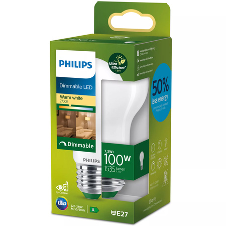 LED žárovka E27 A60 7,3W = 100W 1535lm 210lm/W 2700K Warm 300° Dimmable CLASS A UltraEfficient Philips